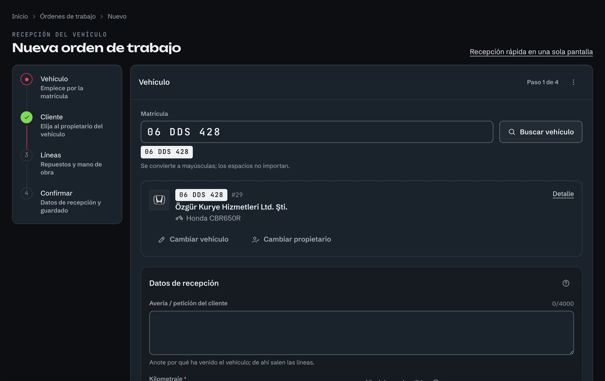 Recepción del vehículo: búsqueda por matrícula, vehículo y propietario encontrados, datos de recepción