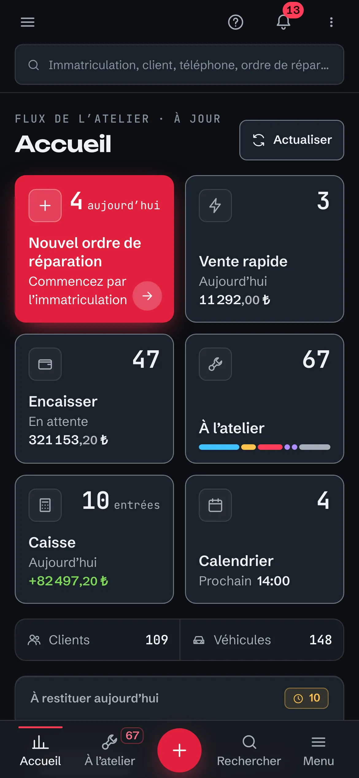 Page d’accueil de Pitempo dans un garage d’exemple : chiffres en un coup d’œil, résumé du jour, état de l’atelier et rendez-vous