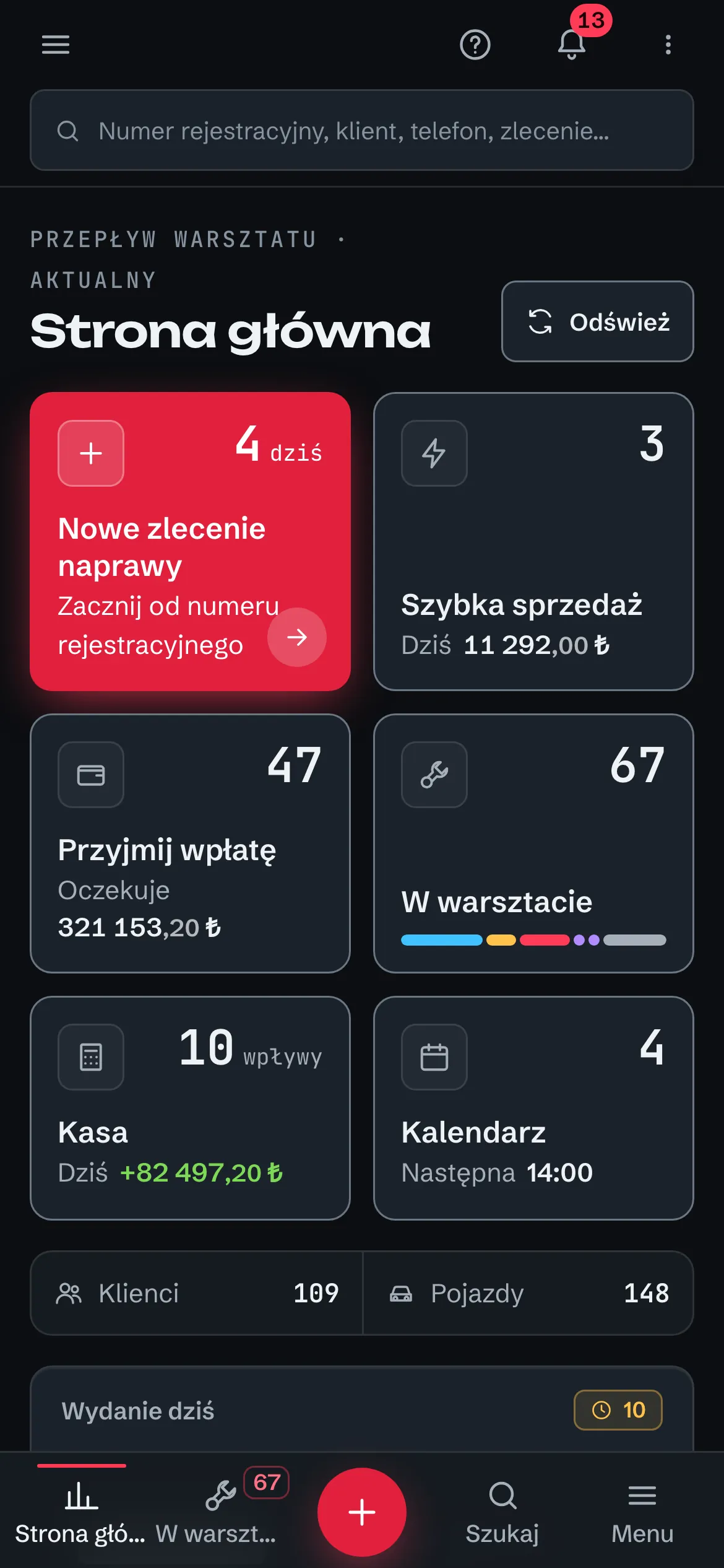 Strona główna Pitempo w przykładowym warsztacie: liczby na pierwszy rzut oka, podsumowanie dnia, stan warsztatu i wizyty