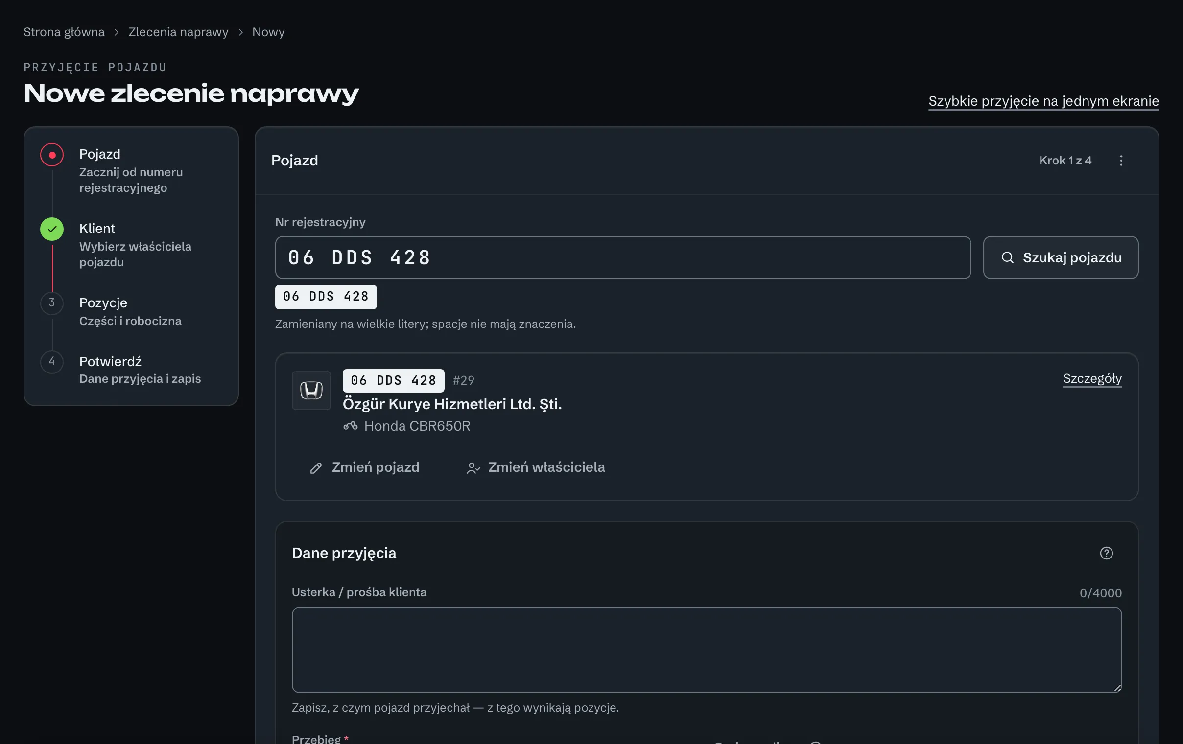 Przyjęcie pojazdu: wyszukiwanie po numerze rejestracyjnym, znaleziony pojazd i właściciel, dane przyjęcia